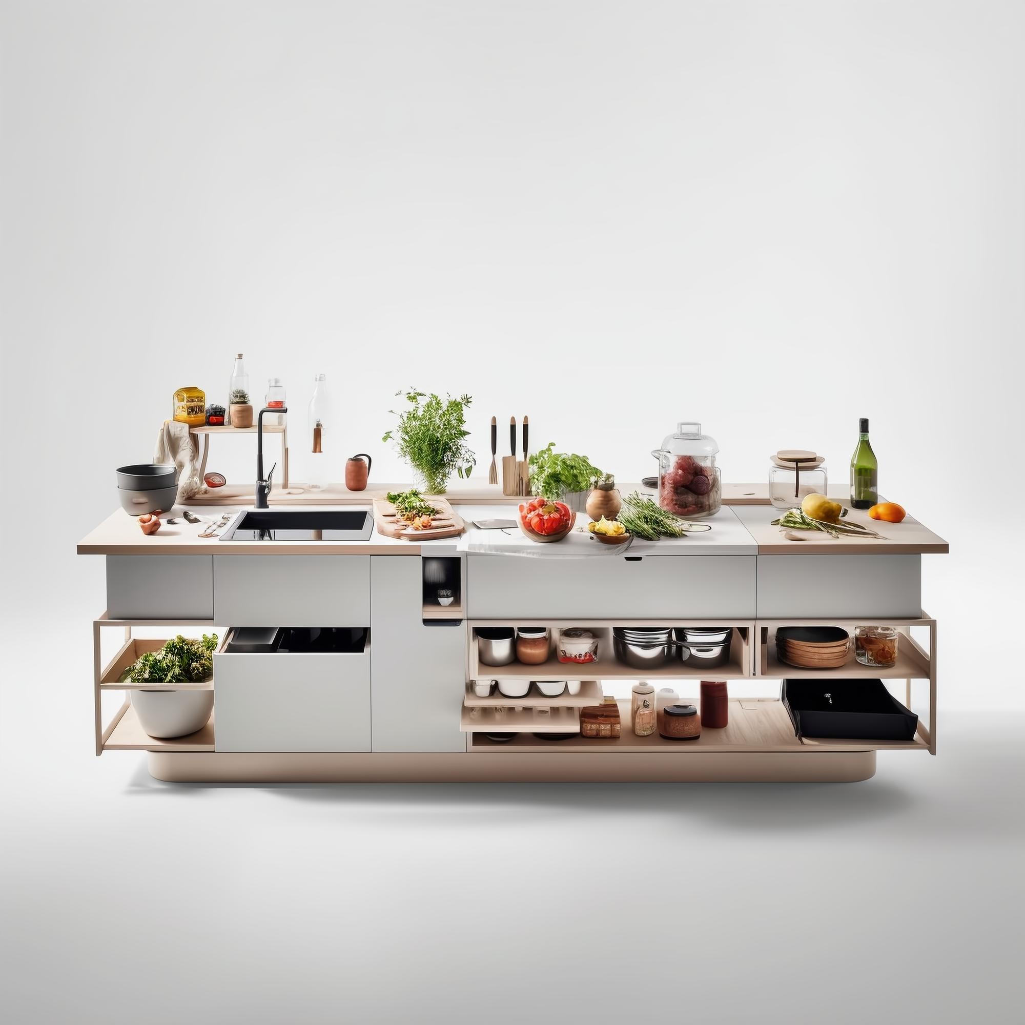 Estudio de cocina con iluminación tecnológica y utensilios